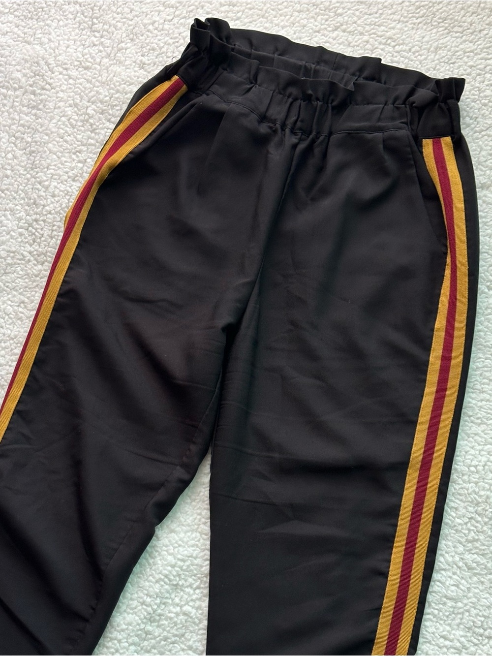 Woman’s Black Relaxed Pants with Red & Gold Side Stripes